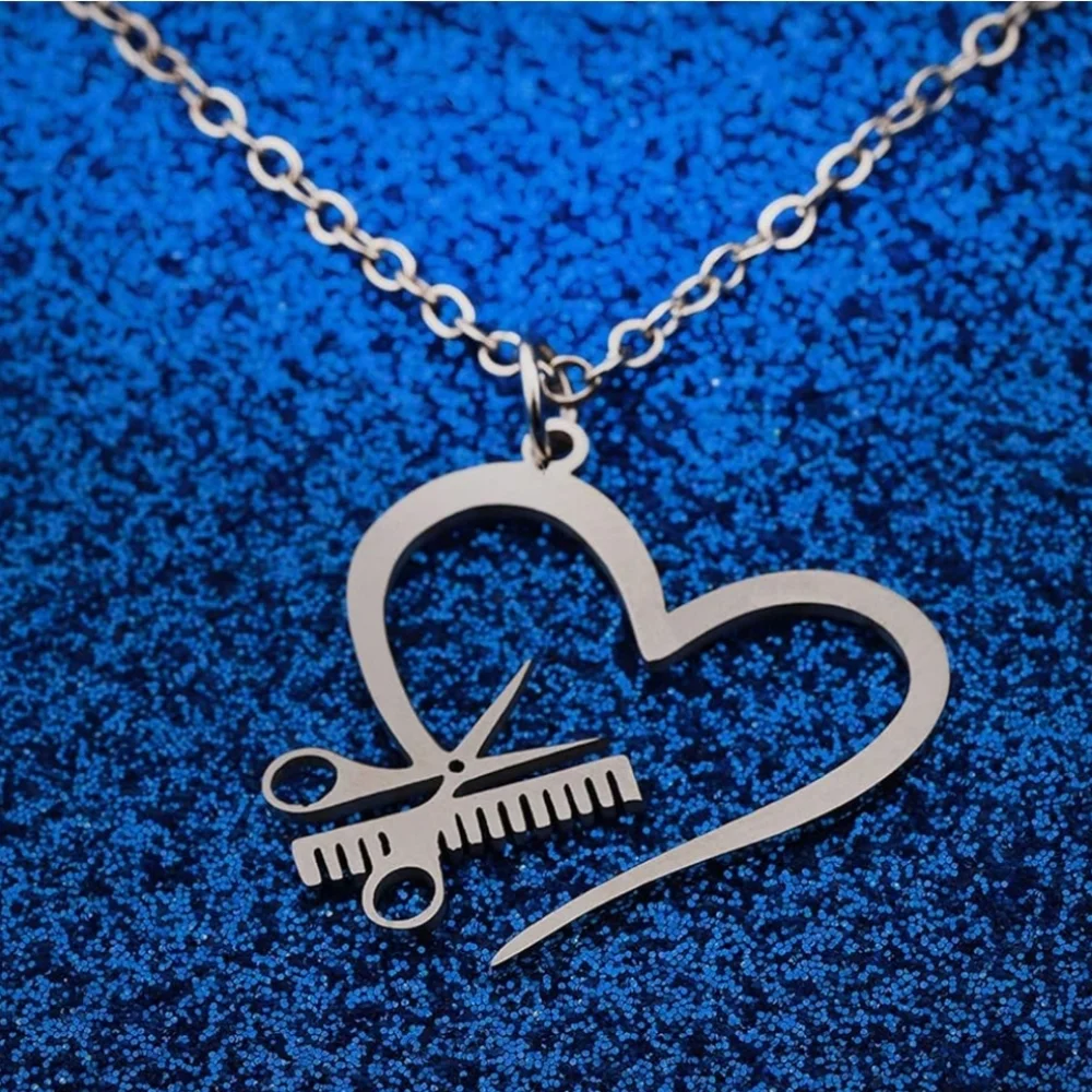 Hairdresser Salon Tools Scissor & Comb Heart Pendant‎ Hairstylist Salon Necklace